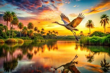 Fototapeta premium Majestic Sand Hill Crane in Flight Over a Serene Tropical Lake at Sunset, Capturing the Beauty of Nature and Wildlife in Perfect Harmony with Vibrant Reflections