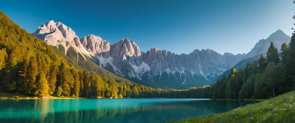 Alpine Lake Serenity: A breathtaking panoramic view of a pristine alpine lake reflecting the majestic, snow-capped mountains under a vibrant blue sky. Lush green forests frame the serene scene. 