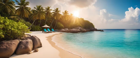Tropical Beach Paradise at Sunrise: Two lounge chairs sit empty on a pristine white sand beach, inviting relaxation under the warm glow of a rising sun, with palm trees framing a turquoise ocean. 