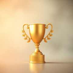 Fototapeta premium 3D golden trophy with laurel wreaths floating in the air representing success and achievement in business and life isolated on a soft gradient background Large space for text in center Stock Photo