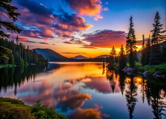 Fototapeta premium Majestic Silhouette of Lac aux Americains in Gaspesie National Park, Quebec - Tranquil Glacial Valley Reflections at Dusk, Nature's Serene Beauty Captured in Shadows