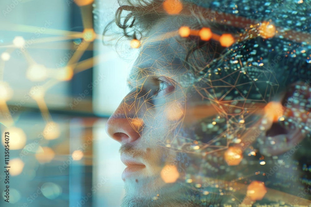 Poster an individual appears deep in thought, with his profile illuminated by colorful digital connections 