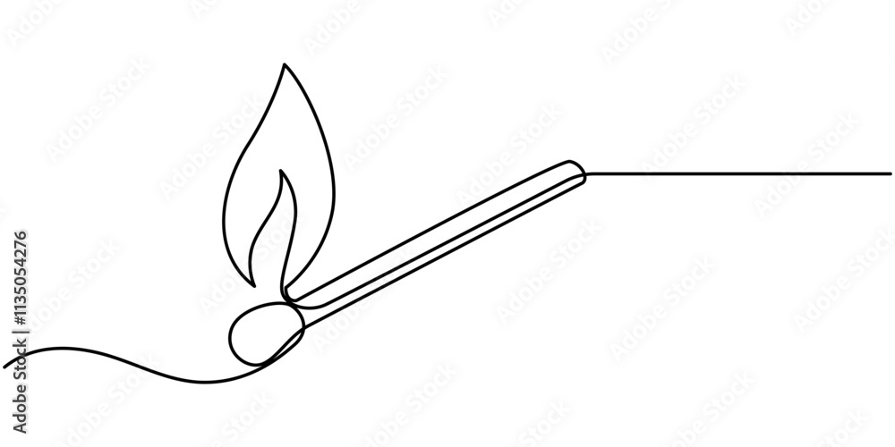 Poster continuous one line drawing of burning match. simple burning match stick line art vector illustratio