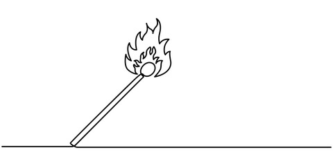 Continuous one line drawing of burning match. simple burning match stick line art vector illustration. Editable stroke, Burning match drawn by hand with a continuous line. Vector illustration of match