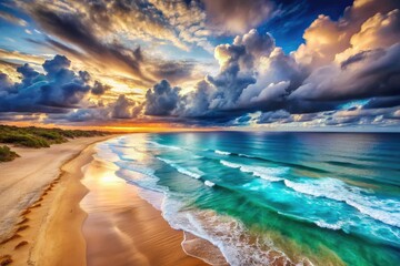 Abstract Coastal Serenity: Blue Ocean, Sandy Beach, and Cloudy Sky