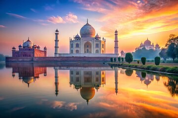 Majestic Taj Mahal at Sunrise with Reflective Waters of Yamuna River, Capturing the Golden Glow of Dawn in a Stunning Landscape Composition