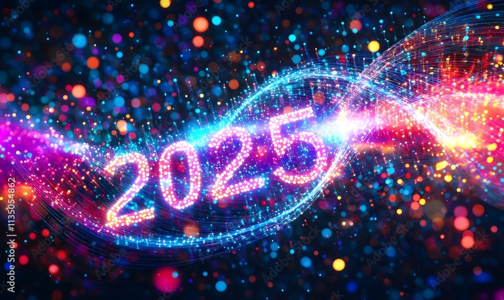 Poster glowing 2025 text with abstract colorful particle swirls against dark backdrop.