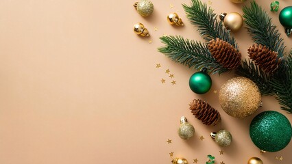 Christmas Eve concept. Top view photo of transparent gold and green baubles balls pine cone ornaments spruce branch in frost and confetti on isolated beige background with copyspace, copy space