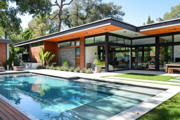 Fototapeta premium This modern residence features a stylish pool and lush landscaping under bright sunlight, emphasizing a harmonious blend of indoor and outdoor living spaces.