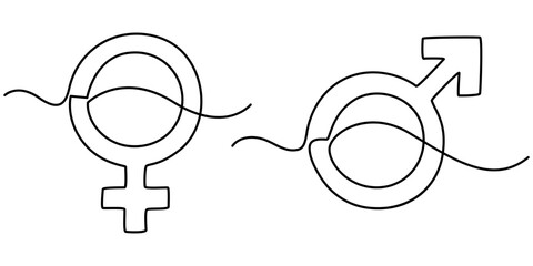 Female gender icon line continuous drawing vector. One line Female gender icon vector background. Female gender. Continuous outline of a Female gender gender icon, Gender signs for male and female.