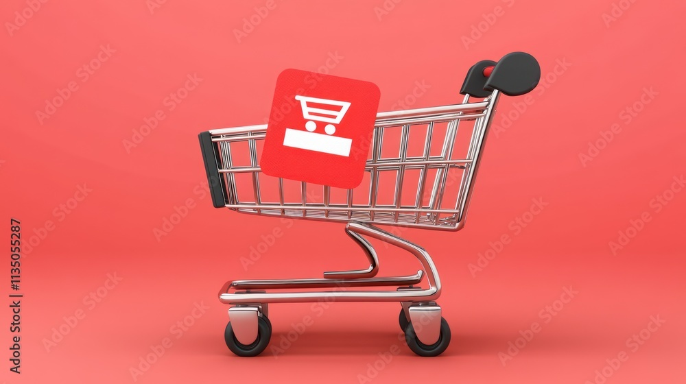 Poster red shopping cart with attached shopping cart icon