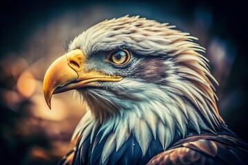 Fototapeta premium Majestic Vintage Style Photography of an Eagle's Head Captured in Stunning Detail, Showcasing Intricate Feather Patterns and Intense Gaze Against a Soft, Muted Background