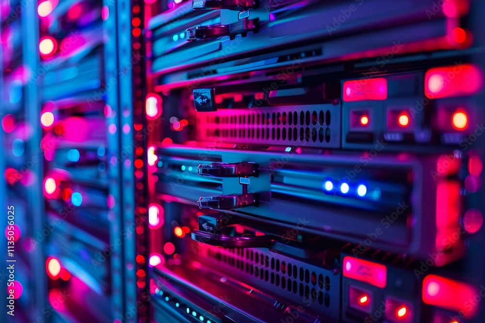 Poster server racks glow with vivid blue and red lights in a data center, highlighting the intricate techno