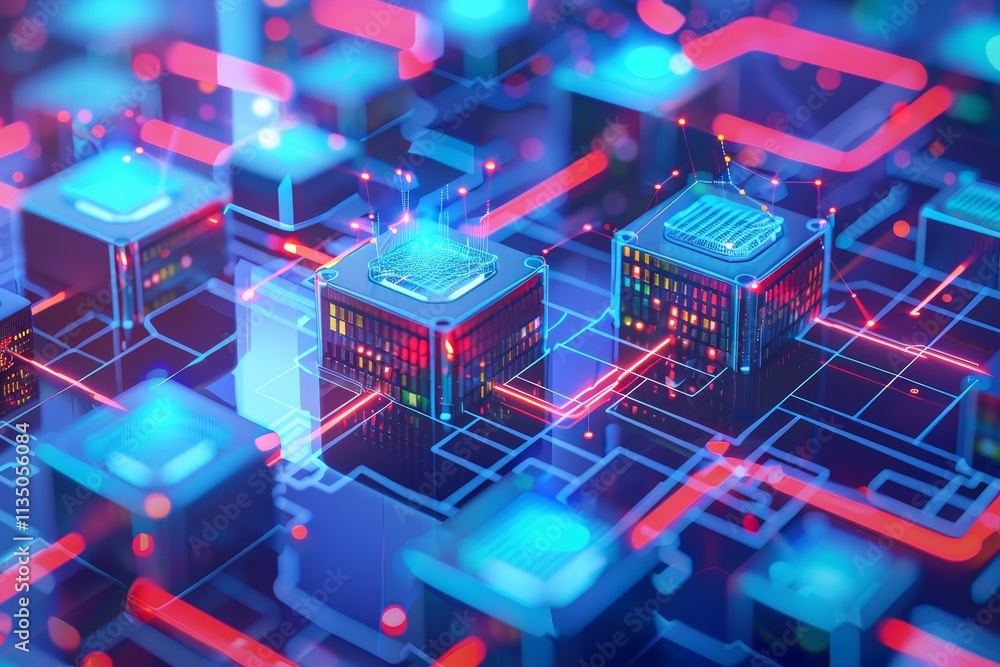Poster a vibrant digital landscape showcases interconnected computer chips and circuitry, pulsating with li