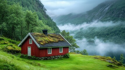 Obraz premium Rustic Red Cabin Nestled in a Misty Mountain Valley