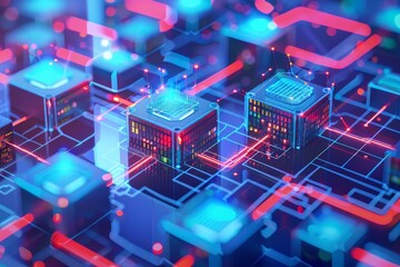 Obraz premium A vibrant digital landscape showcases interconnected computer chips and circuitry, pulsating with light and color, symbolizing advanced technology and innovation in computing.