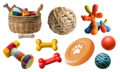 Collection set of basket full and individual toys accessories for animal pet, cat, dog on transparent cutout PNG. Many different chew play teething toy. Mockup template for design