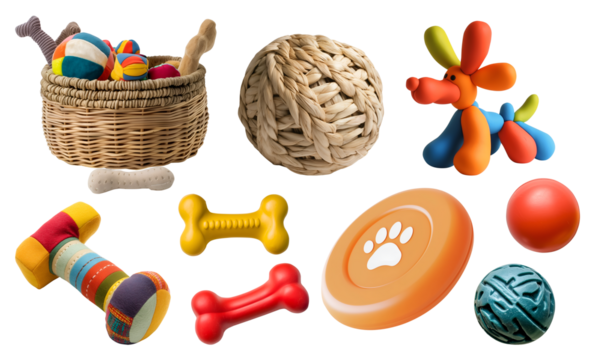 Collection set of basket full and individual toys accessories for animal pet, cat, dog on transparent cutout PNG. Many different chew play teething toy. Mockup template for design