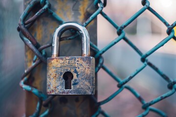 A weathered padlock hangs on a rusty chain link fence, symbolizing forgotten security. The setting has an air of neglect, with hints of nature creeping in.