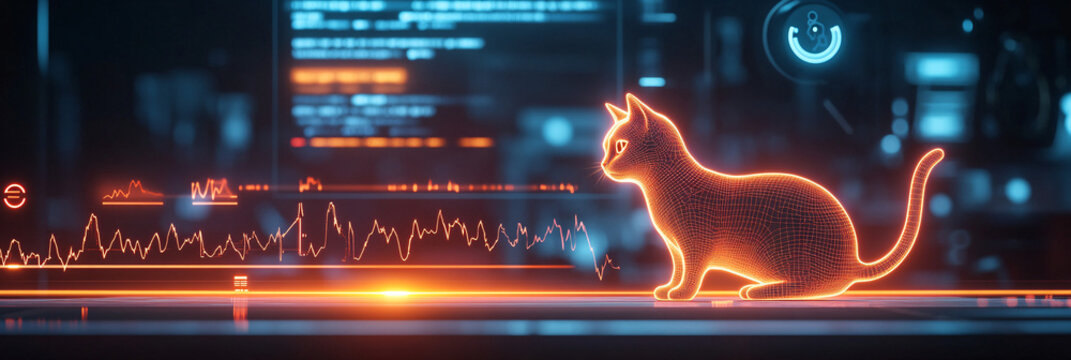 A glowing cat icon surrounded by health tracking data, representing online pet care platforms, smart health monitoring tools, and digital wellness resources.  