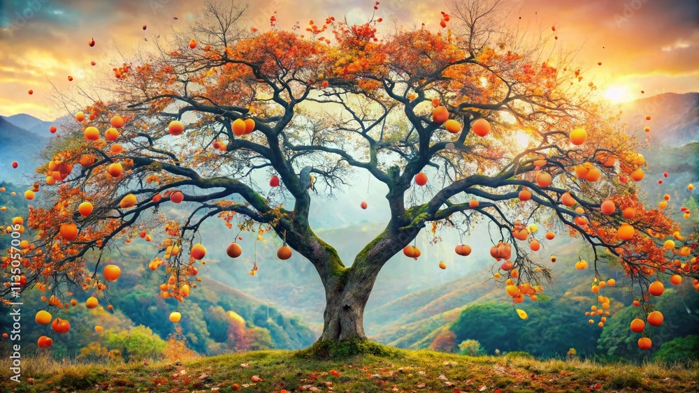 Poster mesmerizing double exposure of a persimmon tree blending with vibrant nature elements on isolated ba