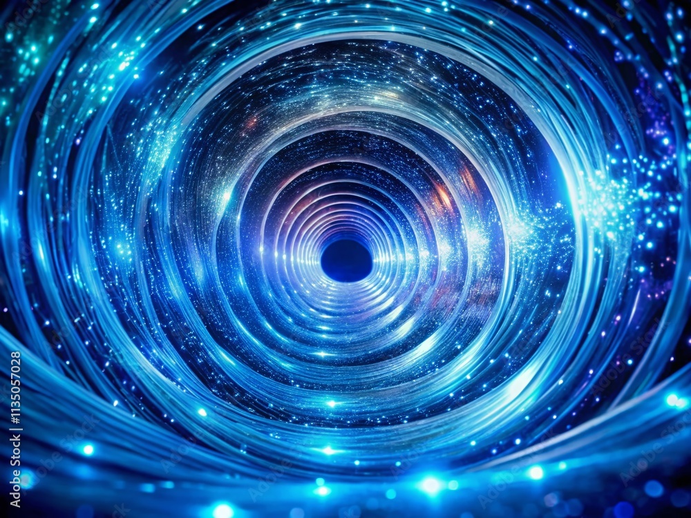 Poster mesmerizing double exposure of a spiral vortex tunnel bathed in blue lights with ethereal wave patte