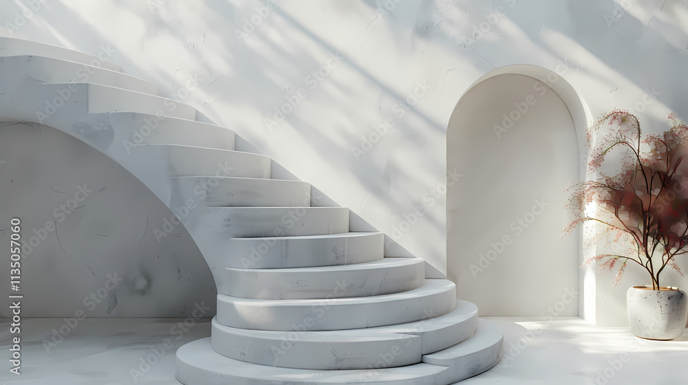 Poster serene minimalist staircase: a minimalist white staircase with soft, ethereal light pouring in throu