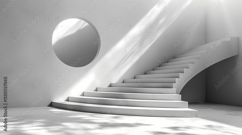 Poster curving staircase in minimalist architecture: a modern, elegant curved staircase ascends in a minima