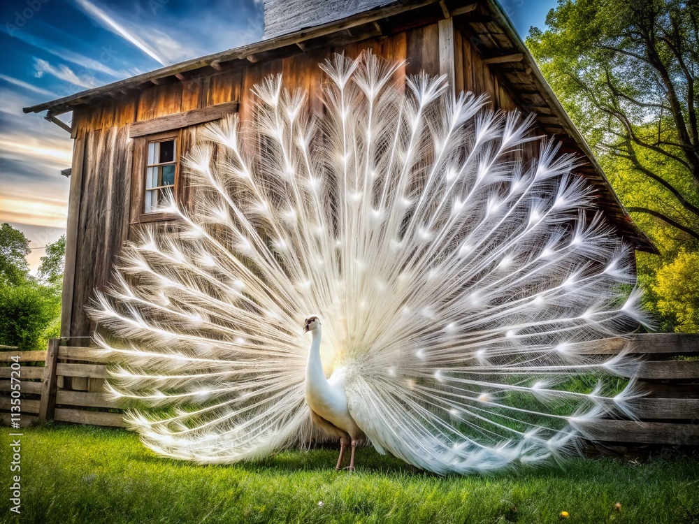 Poster mesmerizing double exposure of a white peacock in full display with intricate feathers against a rus