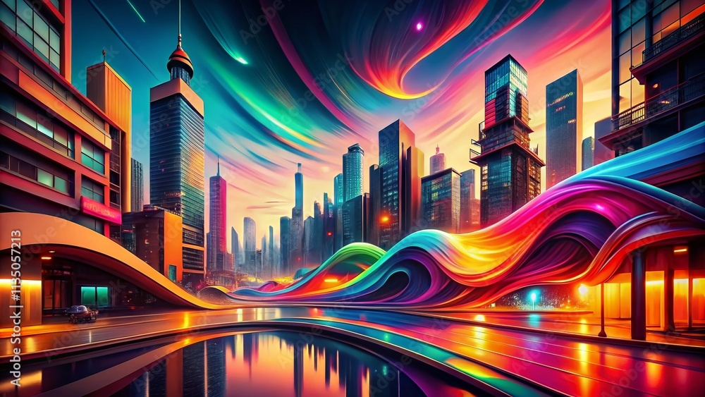 Poster mesmerizing fluid waves of vibrant gradients in abstract digital art design captured in urban explor