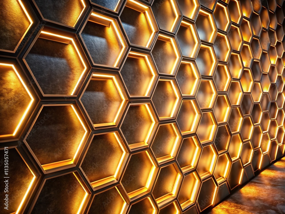 Poster mesmerizing long exposure of a hexagon-shaped wall with glowing light seams creating an enchanting a