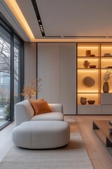 Modern minimalist living room with beige sofa, built-in shelving, and large window.