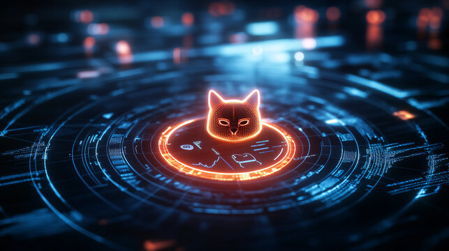A glowing cat icon surrounded by health tracking data, representing online pet care platforms, smart health monitoring tools, and digital wellness resources.  