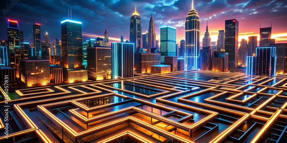 Poster mesmerizing maze of neon lines on a dark surface with a captivating background of urban architecture