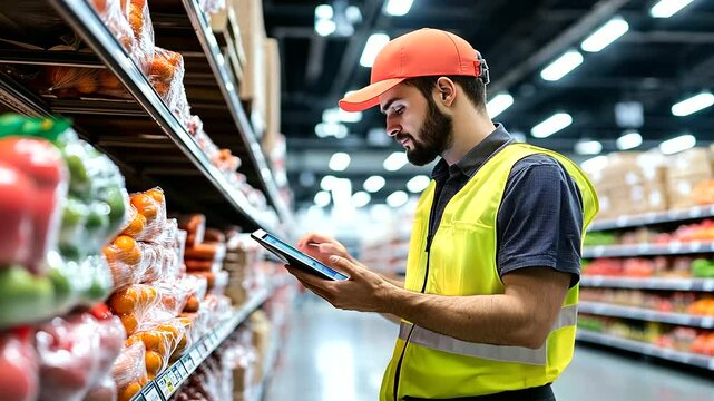 Under bright lights in a grocery warehouse, a loader in reflective gear reviews a tablet near stocked shelves, creating a clean, organized trade concept with text.