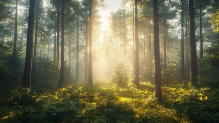 Obraz premium Sunbeams Illuminating a Misty Forest Clearing