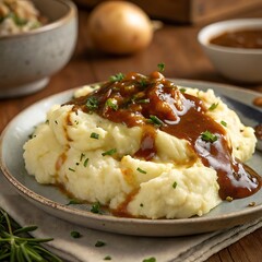 Healthy cooked mashed potatoes served as a delicious meal in a white bowl or plate featuring options with meat, mushrooms, or cheese sauce for a perfect dinner dish