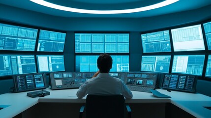 High-Tech Control Room with Screens and Bright Lighting