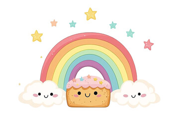 a rainbow and clouds with a cake and stars