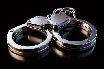 Metal Handcuffs Isolated on a Black Background in 3D Illustration, Perfect for Crime, Law Enforcement, and Security Themes