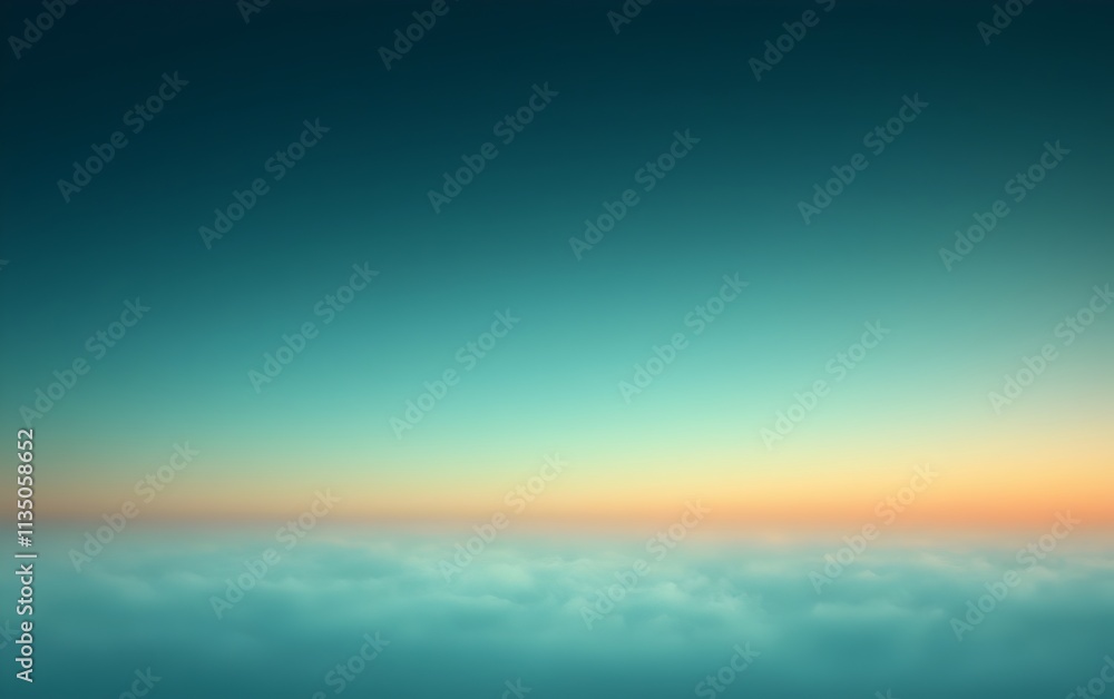 Poster a serene gradient of colors in the sky at dawn, fading from deep turquoise to soft orange above a bl