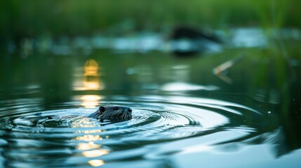 Beaver partially submerged in calm water with ripples at twilight