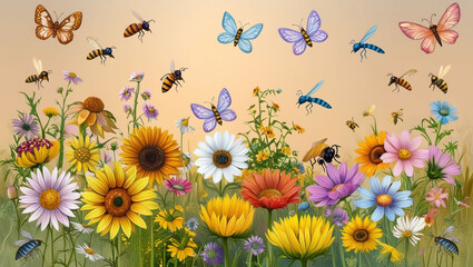 Fototapeta premium Colorful meadow and garden flowers with insects, transparent background