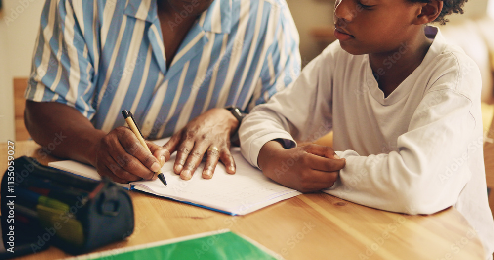 Poster Table, studying and child with dad, hands and support for son, growth and development with education. Bonding, man and help for homework, writing and kid with knowledge, notebook and teaching in home