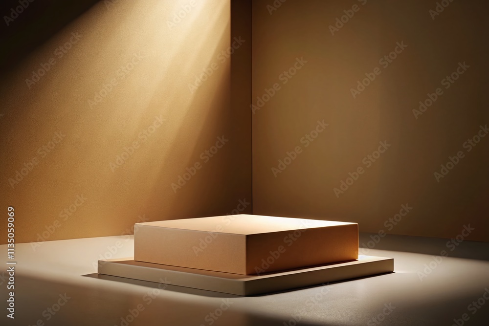 Poster Minimal Beige Podium for Product Showcase on Dark Background - 3D Render of Box-Shaped Platform for Empty Stage Display in Macro Photography Style