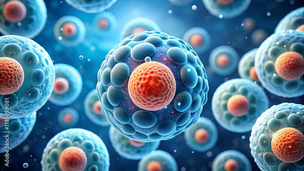 Poster minimalist 3d animation of cell division under microscope, exploring cloning cells and mitosis conce