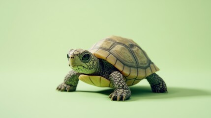 A Young Tortoise Crawls on a Light Green Background