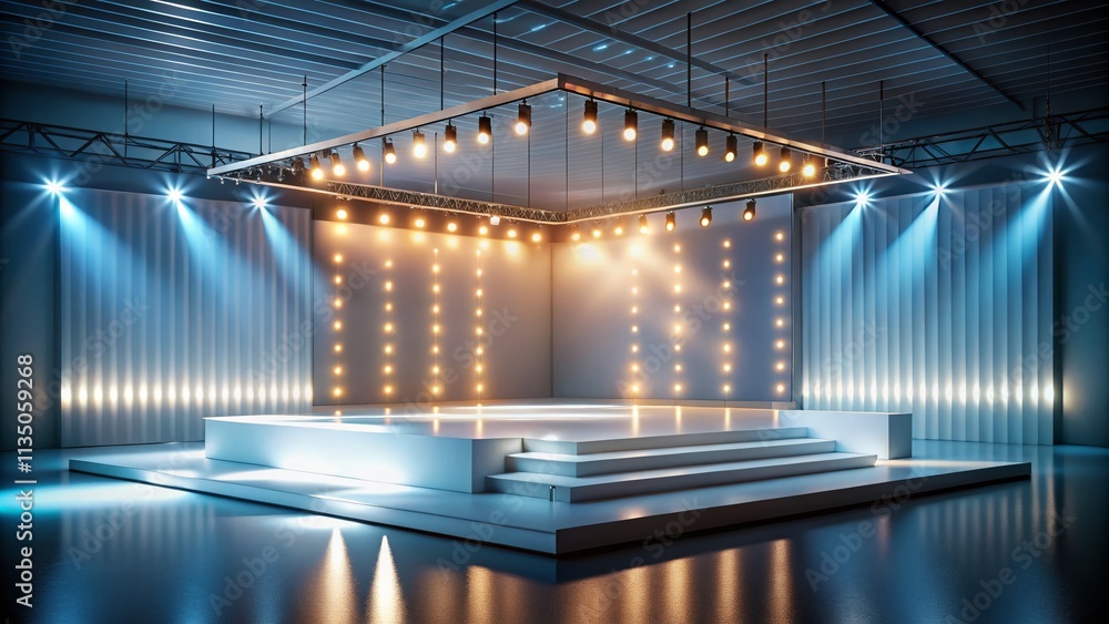 Poster Minimalist 3D Rendering of an Event Stage with Soft Glow Lighting, Perfect for Modern Event Design or Promotional Material, Emphasizing Simplicity and Elegance