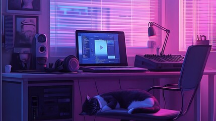 Cat sleeping on chair at a vibrant, neon-lit home workspace with laptop, headphones, and audio equipment.