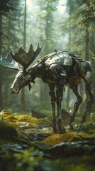 Obraz premium Mechanical Moose Stands in a Forest Setting